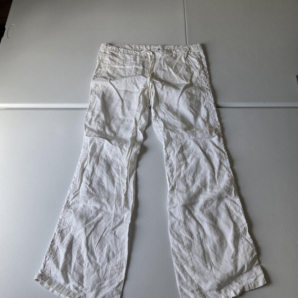 London Jeans Pants Womens 4 White Linen Wide Leg Lace Trim Drawstring Beach